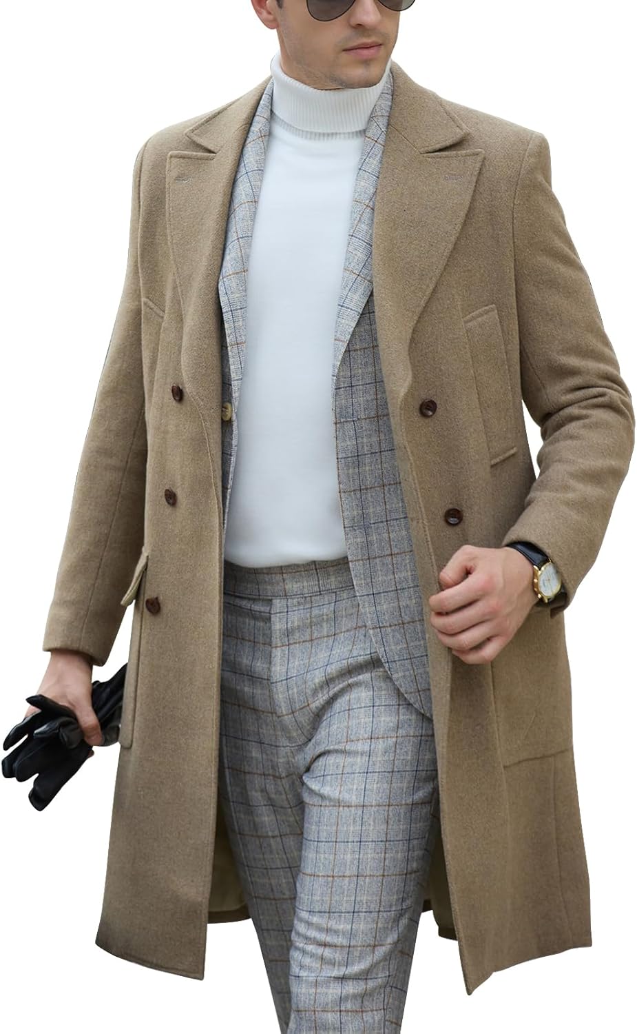 Mens Wool Trench Overcoat Slim Fit Double Breasted Long Jacket Herringbone Wool Blend Pea Coat